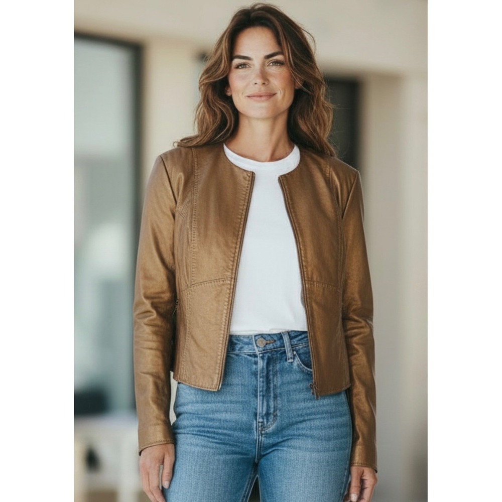 MARGARET GODFREY Womens Jacket  Leather Metallic Genuine Collarless Moto Bronze‎